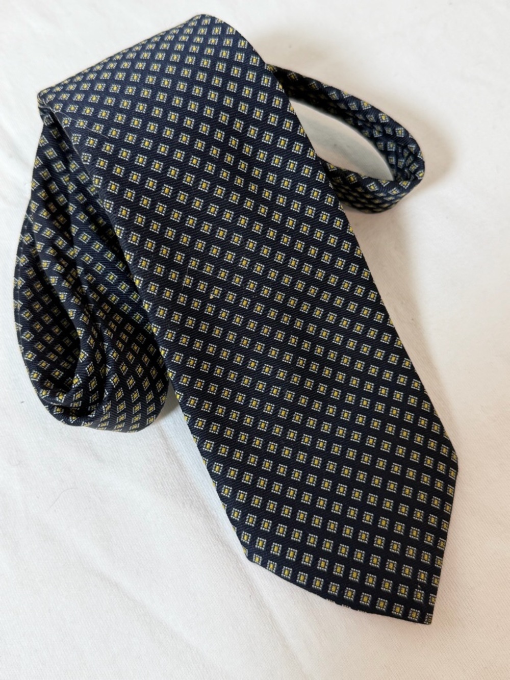 Christian Dior 100% Silk Vintage Modern Width Navy Tie with Yellow Square Motif